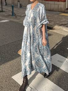 FRIFUL 女士全印花腰部拼接褶皱宽松休闲百搭春季长款睡袍 - 藍色 - 查看 1