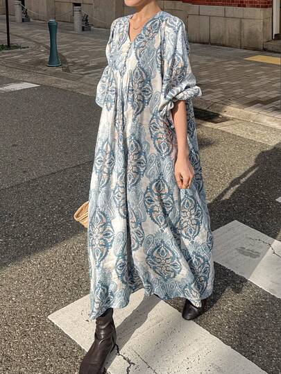 FRIFUL Gaun Panjang Wanita Motif Cetak Seluruh Permukaan, Patchwork Pinggang, Lipit, Longgar, Kasual, Serbaguna untuk Musim Semi