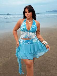 Rustia 女士吊带亮片领结无袖纯色蕾丝雪纺修身休闲夏季度假两件套，加大码 - 水鴨藍 - 查看 5