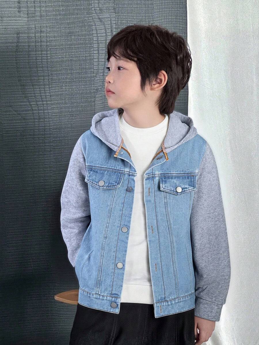 SHEIN Mirajuku Casual Fashion Simple Patchwork Denim Hoodie Jacket For Tween Boys, Loose Fit, Comfortable, Versatile, Suitable For Autumn, Spring, Winter, Daily Wear, Commuting, Outdoor, School, Streetwear, Party, Photography Fall - Multicolor - View 1