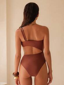Swim Chiccia Swim Chic Sea-D Women Solid Color One Shoulder Chain Strap Decor One-Piece Swimsuit - Coffee Brown - View 2