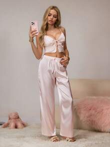HautHeat Women's Elegant Solid Color Drawstring Pajama Bottoms - Pink - View 7