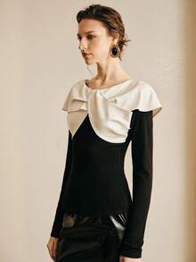 Arave 女士黑色高弹针织修身缎面滚边领口纽扣结设计，优雅约会上衣，情人节女士黑色上衣，春季款 - 黑色 - 查看 6