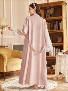 PalaceNights 一套女士时尚提花蕾丝边长袖长袍+无袖睡裙睡衣套装 - 粉色 - 查看 2