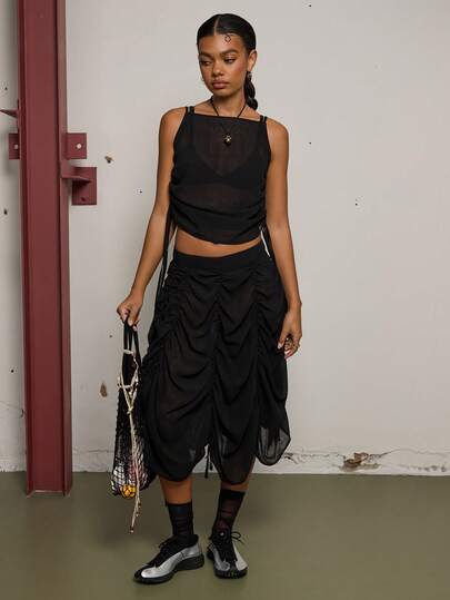 COUREZ Sheer Midi Ruched Skirt /Y2K Spring Clothes For Women Cute Sexy Black Party Rave Skirts Going Out Outfits Summer Skirts Summer Outfits 2 Piece Sets