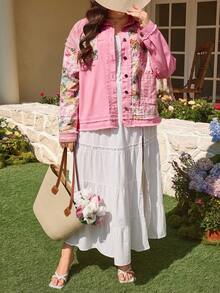 Breezaya Áo khoác denim họa tiết hoa chắp vá dành cho nữ cỡ lớn, thích hợp cho mùa xuân/hè. - Hồng - Xem 6