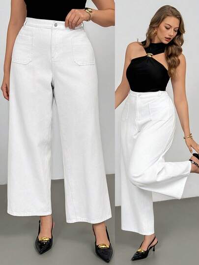 Auralis Plus Size Women Casual Solid Color Wide Leg Jeans Office Jeans Spring Outfit Women Spring Bottom For Women