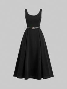 Ellevyn 优雅女士圆领收腰A字中长连衣裙，配条纹披肩两件套，适合通勤、约会、外出、度假、婚礼宾客、晚礼服等场合。 - 黑與白 - 查看 10