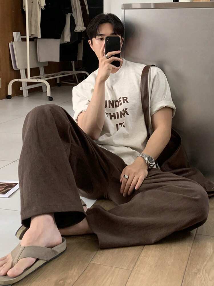 Men's Solid Brown Elastic Waist Long Pants, Spring/Summer