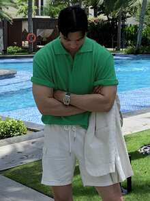 DAZY 男士纯绿色 Polo 领短袖针织衫，夏季 - 綠色 - 查看 5