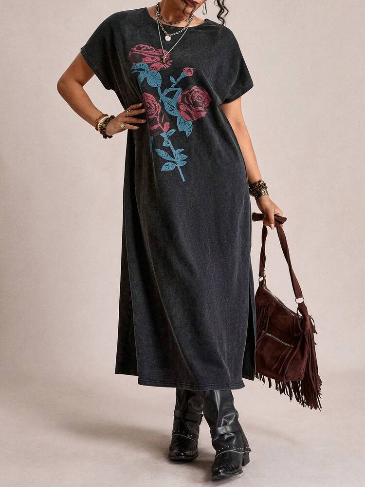 Freevana Plus-Size Summer Casual Vacation Printed Round Neck Loose Dress, Women'S Elegant Dress, Women'S Elegant Party Dress, Women'S Elegant Dress, Women'S Summer Dress, Party Elegant Dress, Women'S Summer Dress, Women'S Long Summer Dress, Summer Clothing Black Dress, Rose Print Dress, Washed Dress, Faux Denim Dress, Backless Design, Back Tie Design, Loose Long Dress, Hem Slit Dress, Music Festival Dress, Music Festival Outfit, Western Country Dress.,Floral Dress,Graphic Dress Women,Black Dress,For Daily Wear,Summer Outfits For Women ,With Side Slit Hem,Vacation Style, Holiday Outfits,Boho/Bohemian,Resort Dresses - Black - View 7