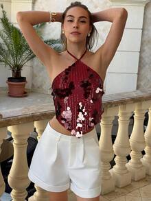 Aloruh Áo hở lưng gợi cảm đính sequin dành cho nữ, áo mùa hè đi biển, áo đi nghỉ mát, áo phong cách boho nhiệt đới, trang phục đi xem hòa nhạc, lễ hội âm nhạc, nhạc đồng quê, Ibiza, Nashville, trang phục miền Tây, phong cách boho đường phố, phong cách nhiệt đới, gyaru miền Tây, áo mùa hè dễ thương. - Màu Đỏ Sâu - Xem 4