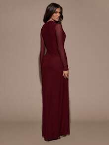SHEIN BAE 女士纯色网纱拼接修身优雅长袖连衣裙 - 酒紅色 - 查看 2