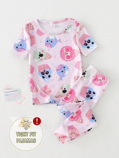2pcs Girls Simple Cute All-Over  Cartoon  Ice Cream Print Short Sleeve & Long Pants Snug Fit Pajamas Soft & Comfortable For Spring/Summer