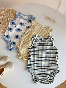 SHEIN 3pcs Newborn Baby Unisex Clothes, Cute Knitted Striped Cartoon Elephant Print Rompers, Summer Basic Bodysuit Outfit Set - Multicolor - View 8