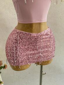 Soleia 女士度假休闲套装，春夏款 - 粉色流苏亮片吊带上衣搭配同款低腰亮片迷你裙两件套，适合海滩、邮轮、度假村等场合。 - 粉色 - 查看 5