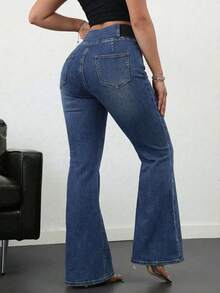 SHEIN Tall 女士休闲修身弹力喇叭裤 蓝色修身牛仔裤 高腰喇叭裤 高个女士牛仔裤 夏季 - 中等水洗藍 - 查看 2