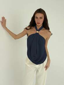 Aloruh 女士露背吊带无袖宽松休闲上衣，夏季 - 藏蓝色 - 查看 7