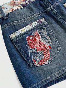 ROMWE Grunge Punk Y2K复古千禧宝贝口袋浮世绘印花刺绣女式紧身迷你裙（含打底裤） - 藍色 - 查看 3