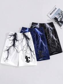 SHEIN 3件套 青少年男童度假学院风印花宽松直筒针织短裤，3种颜色 - 彩色 - 查看 4