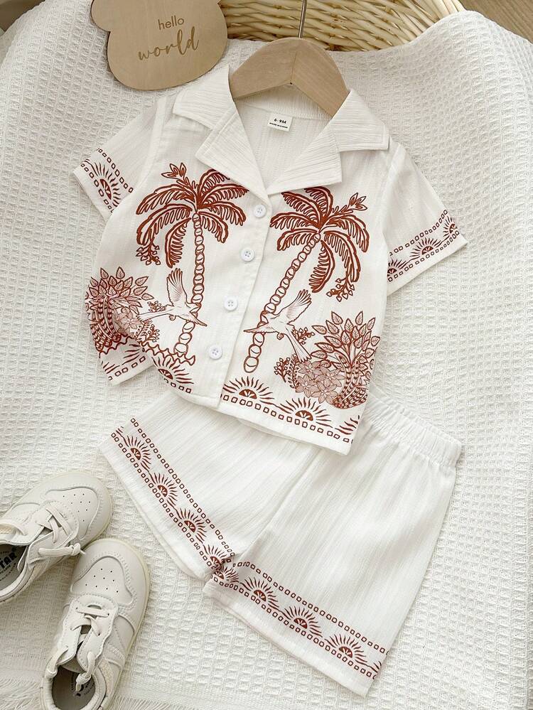 Playful Pals Baby Boy Geometric Pattern Patchwork Collar Short Sleeve Shirt And Shorts Set - White - View 1