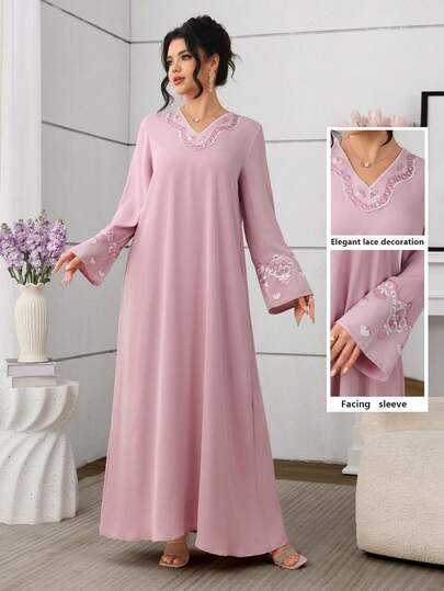 Yasmyna V-Neck Elegant Applique Decor Women's Pink Arabic Style Dress
