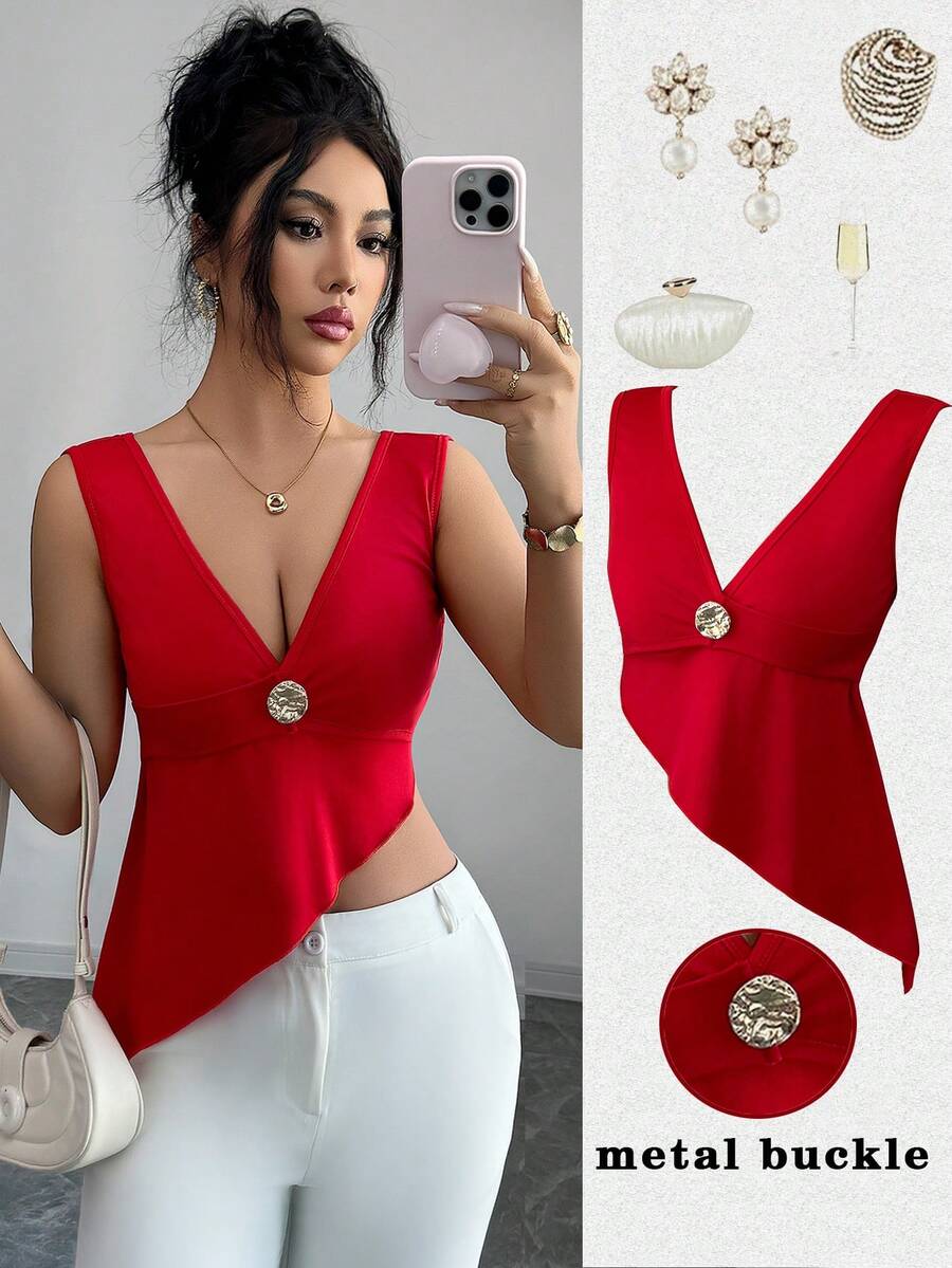 Selianne Women's Solid Color V-Neck Metal Decor Asymmetric Hem Camisole - Red - View 1