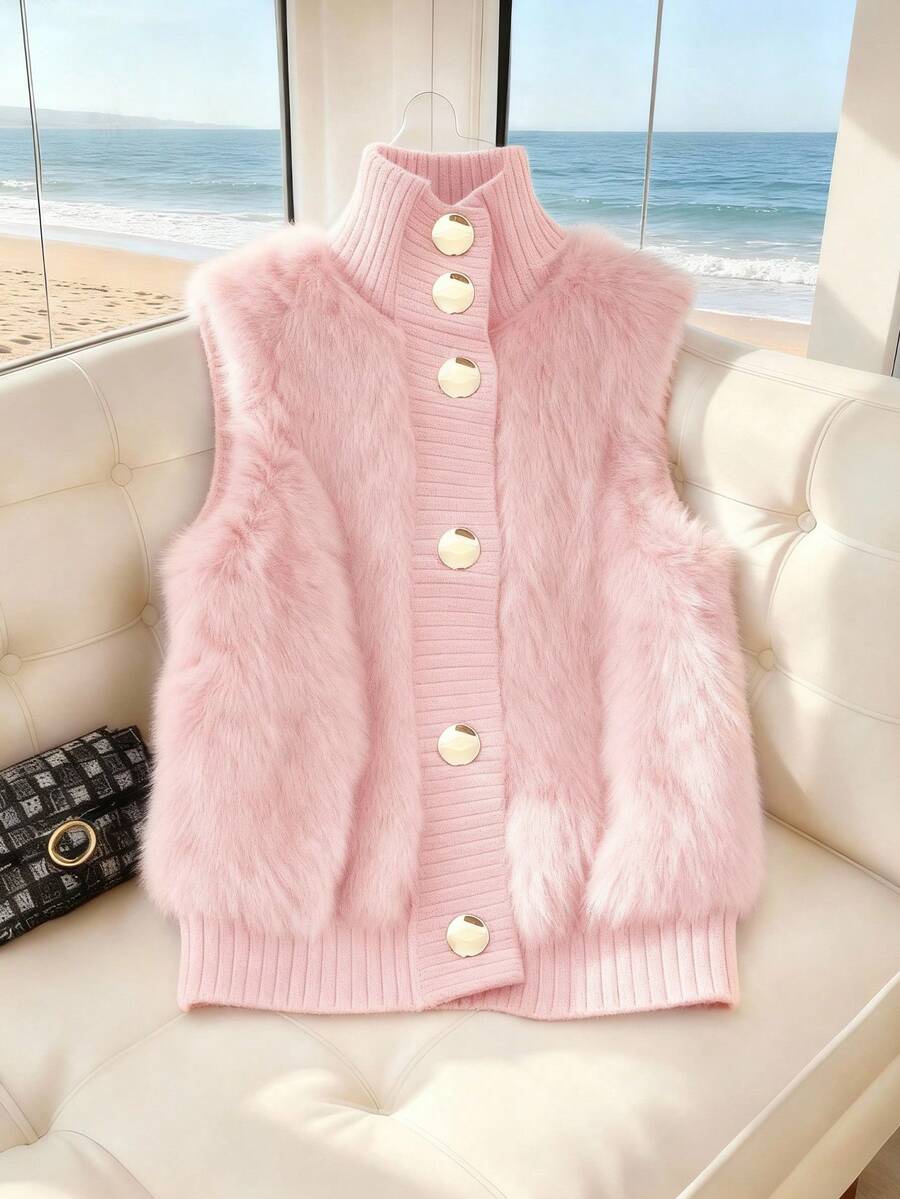 GlowEve 女士立领仿毛皮单排扣马甲，时尚百搭的秋冬休闲外套 - 粉色 - 查看 1