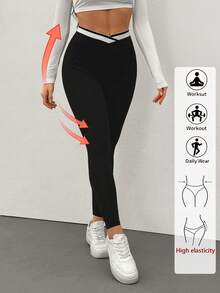 SHEIN Tall 黑白撞色拼接休闲深V腰线女式打底裤 - 黑色 - 查看 3