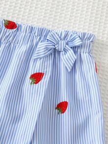 Cozy Pixies Baby Girl Blue Striped Strawberry Pattern Knit Soft Butterfly Decor Elastic Waist Skorts - Blue - View 3