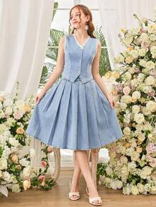 2 Stücke/Set Teenager Mädchen Blau Jeans Ärmellose Weste & Plissee Mini Rock - Mittele Waschung - Übersicht 5