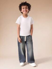 SUMWON Boys Vintage Wide Leg Denim Jeans With Drawstring Waist Casual Relaxed Fit Stonewashed Pants For Kids - Blue - View 3