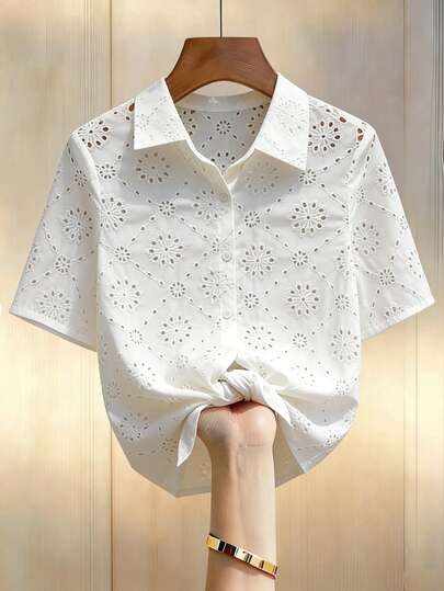 Franclia Women's Summer White Hollow Out Tie Collar Short Sleeve Blouse Top, Suitable For Dates, Casual Outings, Coffee Shops, Weekends, Fresh And Sweet Style, Versatile Shirt