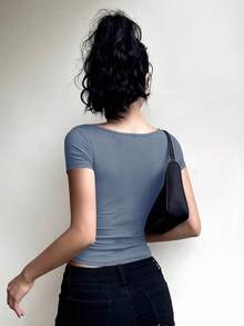 DAZY Women's Solid Color Ruched Twist Crew Neck Short Sleeve Fitted T-Shirt Summer - Blue - View 5