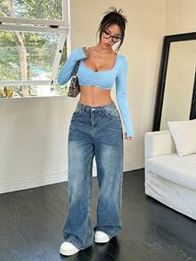 SHEIN EZwear Áo croptop nữ thời trang, gợi cảm, màu trơn, cổ tim, xếp ly - Màu xanh lam - Xem 5