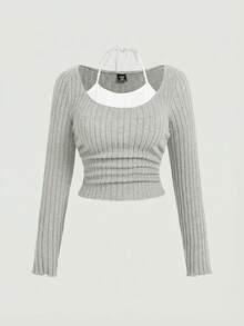 SHEIN MOD 加大码春季深灰白双色荷叶边系带二合一T恤 - 淺灰色 - 查看 1