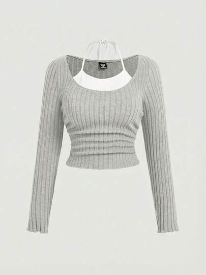 SHEIN MOD Plus Size Spring Dark Grey And White Two Tone Lettuce Trim Tie Back 2 In 1 Tee Grey Top Knit Tops Knit Top Women