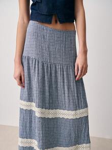 Nöista High Waist Long Skirt In Blue Checks With 3 Contrast Lace Trimming Lines. - Multicolor - View 5