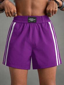 SHEIN Sports 女士弹力腰带休闲百搭日常户外运动短裤紫色运动短裤紫色短裤女士运动短裤 - 紫羅蘭色 - 查看 8
