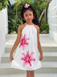 Tween Girls Apricot Floral Print Halter Neck Dress, Casual Vacation Beach Camping Sundress, Versatile Hawaiian Sister Photo Shoot,Kids - White - View 4