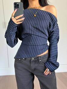 Siren Gaze 女士休闲条纹不对称肩长袖衬衫，秋季 - 藏蓝色 - 查看 6