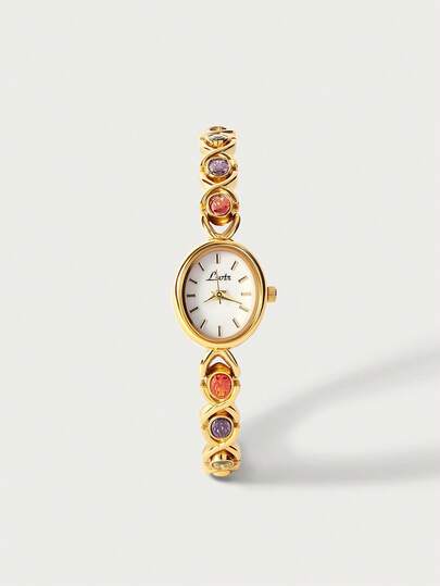 Glisma 1pc French Fashionable Elegant Ladies' Watch With Colorful Crystal Inlaid Strap, 30m Water Resistance, Oval Shaped Quartz Wristwatch With Mother Of Pearl Dial, Suitable For Daily Wear