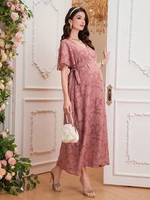 SHEIN Elegant Maternity Jacquard V-Neck Ruffle Sleeve Dress, Summer - Dusty Pink - View 8