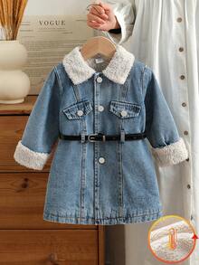 Vintaside Kids Baby Girls' Vintage Denim Style Solid Color Lapel Cardigan,Light Blue And White,Autumn,Casual,Back-To-School,Long Sleeve Open Front Jacket - Blue - View 4