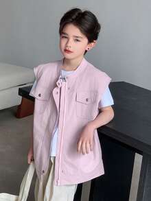 DAZY 男童休闲纯色无袖宽肩外套，春夏款 - 粉色 - 查看 4