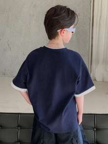 DAZY 男童撞色滚边圆领休闲宽松T恤 - 藏蓝色 - 查看 7