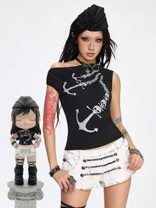 ROMWE Grunge Punk Áo thun trẻ em ôm sát in hình đầu lâu, mỏ neo tàu cướp biển, vai chéo, màu tối theo phong cách Y2K. - màu đen - Xem 11