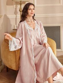 PalaceNights 一套女士时尚提花蕾丝边长袖长袍+无袖睡裙睡衣套装 - 粉色 - 查看 7