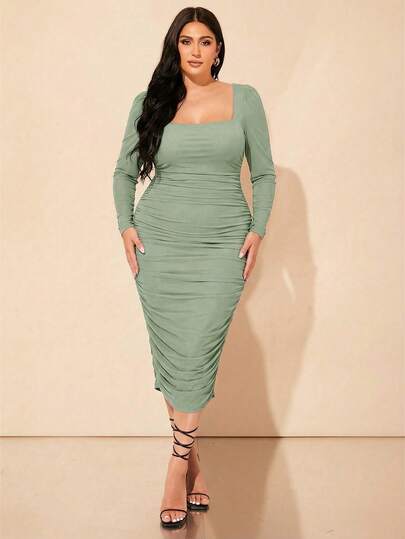 SHEIN BAE Plus Size Fall Black Mutton Sleeve Mesh Gathered Square Collar Elegant Commuter Long Dress