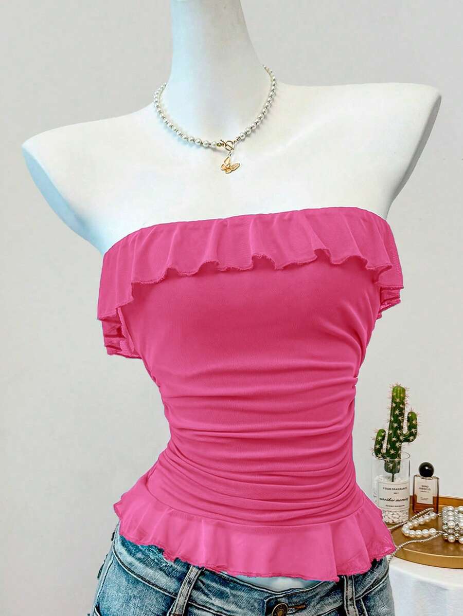 Elamini Top bandeau con volantes sexy para mujeres - Rosa Fucsia - Ver 1